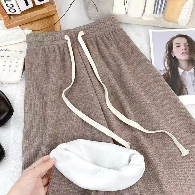 Women's Pants Casual Elastic Waist Fleece Women 2025 Drawstring Lace Up Wide Leg Trousers Woman Pocket Warm Autumn Winter Female Z260314
