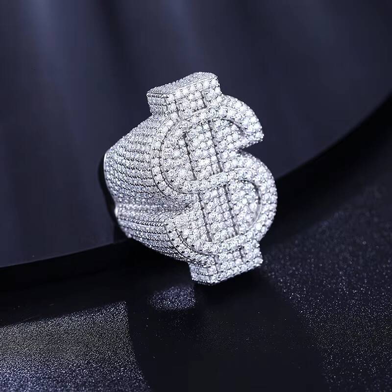 Hot Selling Hip Hop Jewelry White Gold 925 Sterling Silver Ring Gold Plated Vvs Moissani Ice Flower Dollar Ring