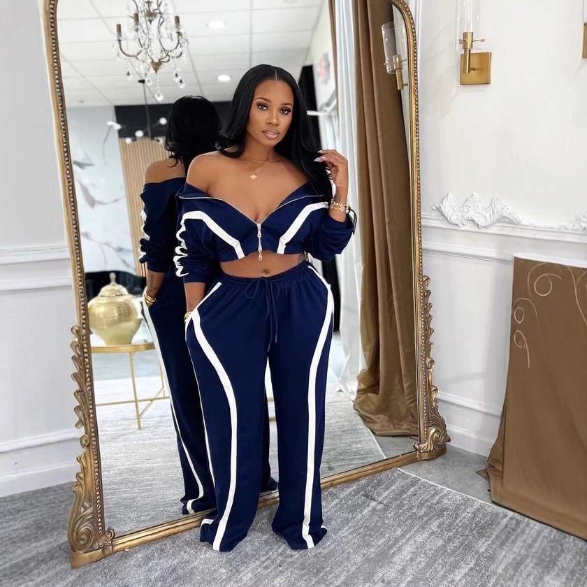 Women autumn winter contrasting long sleeved cardigan sports style two-piece set fashionable loose straight leg pants sports casual two-piece set desi