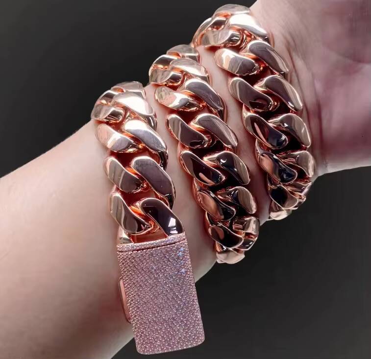 Rose Gold Miami Cuban Link Chain Solid Brass Hip Hop Cadenas De Oro Rosa Necklace Bold Streetwear Jewelry for Moissanite Anniversary