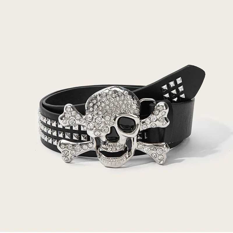 Silver Skull Buckle Womens Belt Hip Hop Punk Y2k Girls Black Pu Pin Buckle Girdle Goth Retro Jeans Accessories Rivet WaistbandW251030