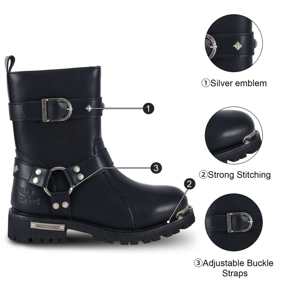 Women's PU Leather Harness Motorcycle For Riding, Waterproof Studded Biker Boots With Side Zipper & Buckle, Black Engineer Combat Mid-Calf Footwe
