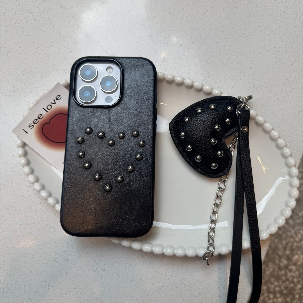 Leather Rivet Round Bead Heart Phone Case Compatible with iPhone 17/16P Personalized Heart Pendant iPhone 15/14