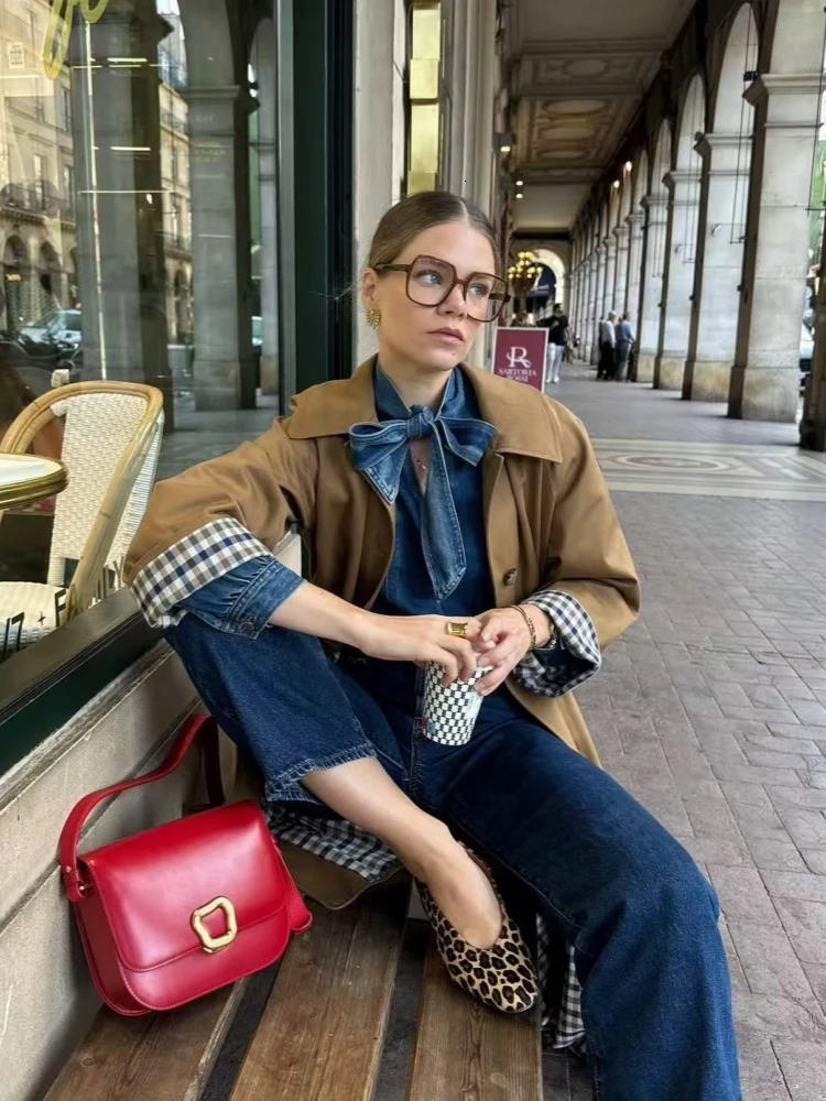 Women Casual Khaki Plaid Lined Lapel Trench Coats Autumn Single Breasted Loose Jacket Female Chic Overcoat Streetwear 251029