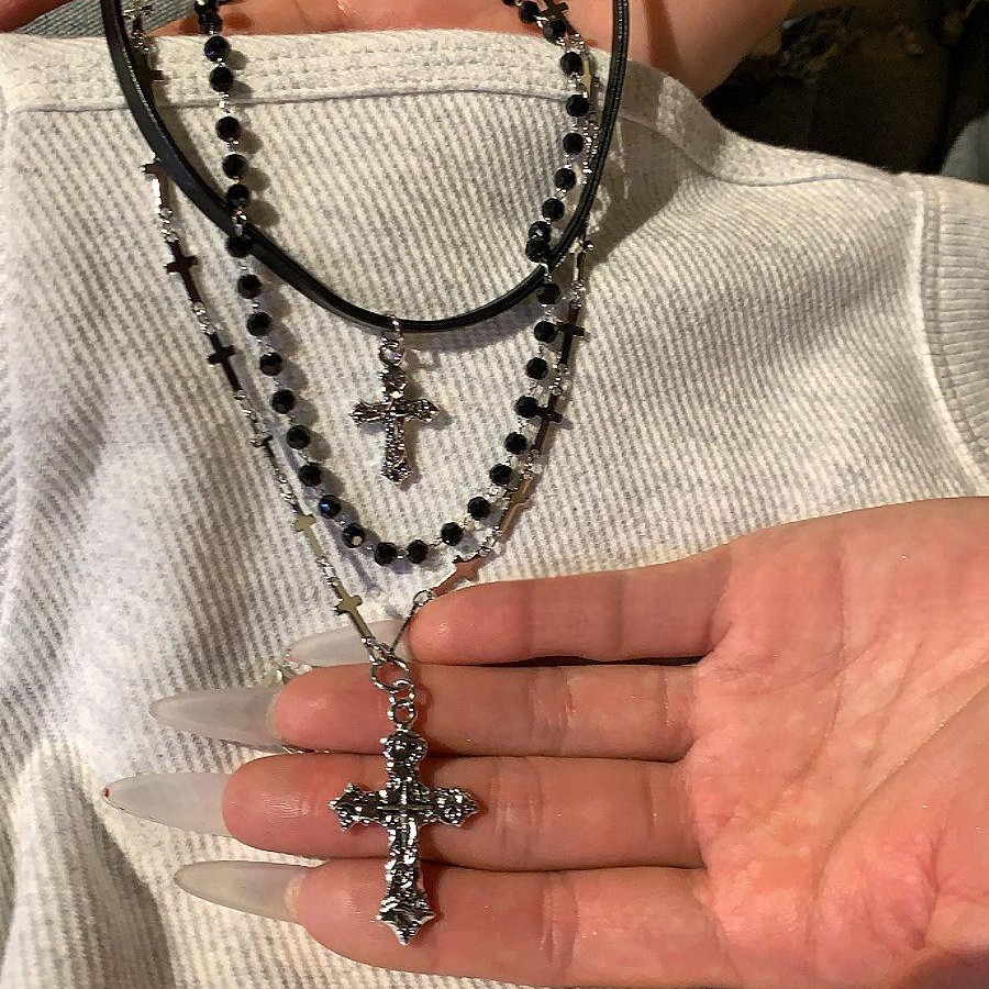 Leather Crystal Cross Pendant Three-Layer Necklace Light High-End Clavicle Fashion Niche Design Sense Neck Chain - view 5