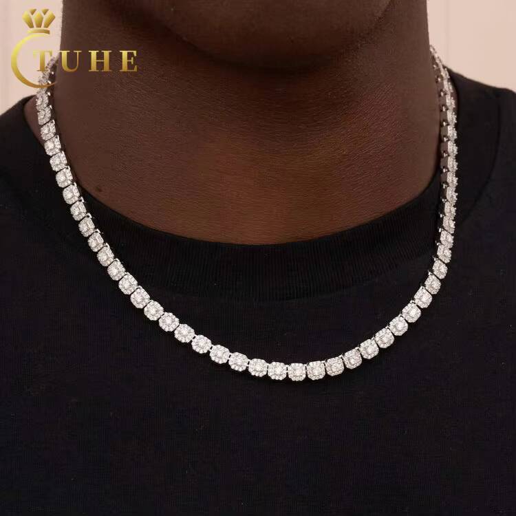 Fashion Hip Hop Jewelry Mens 6mm 925 Sterling Silver Micro Clustered VVS Moissanite Diamond Iced Out Halo Tennis Chain Necklace