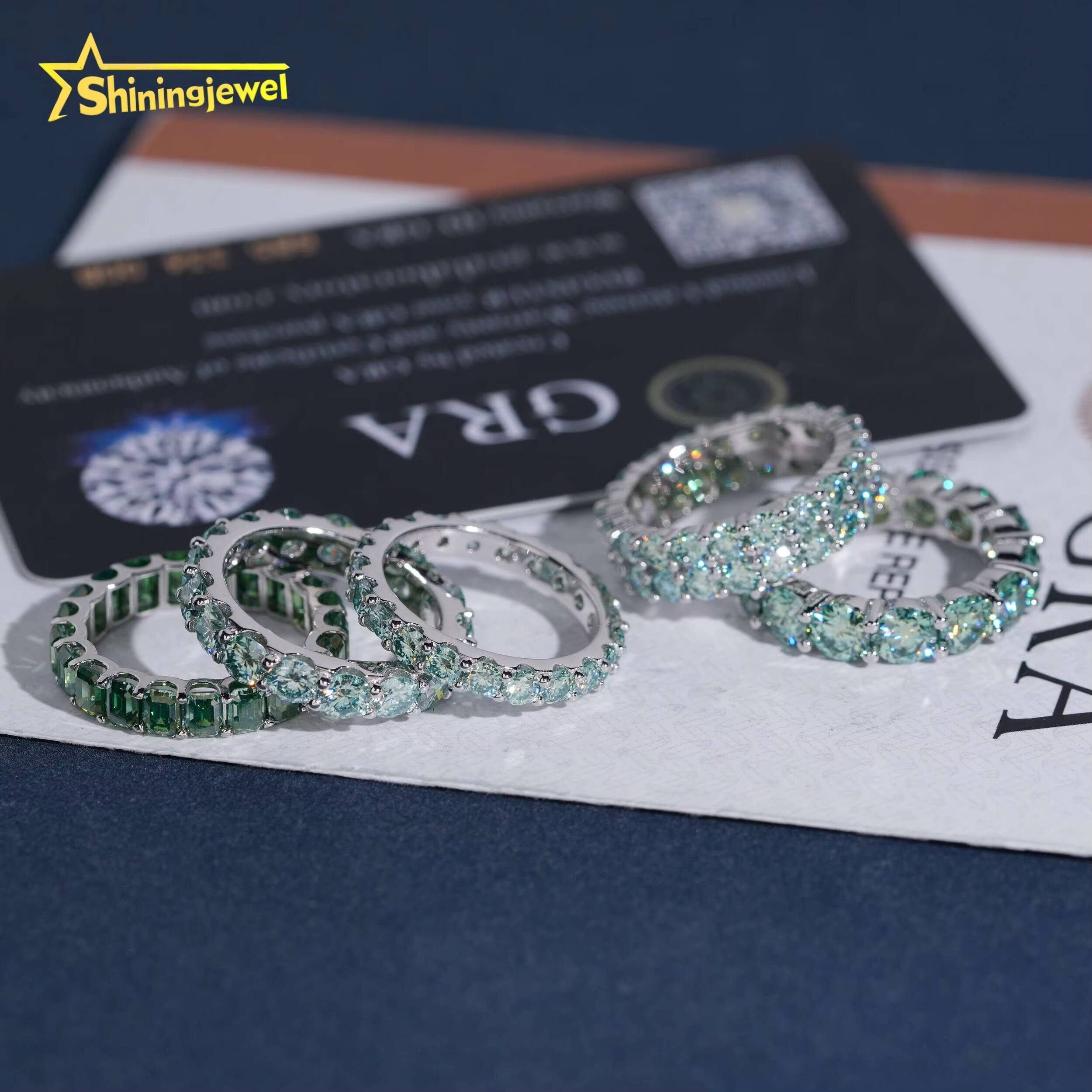 Multiple Options Blue Green Moissanite Eternity Ring Band Ring Emerald Cut Ring Moissanite 925 Unisex Hip Hop Fine Jewelry