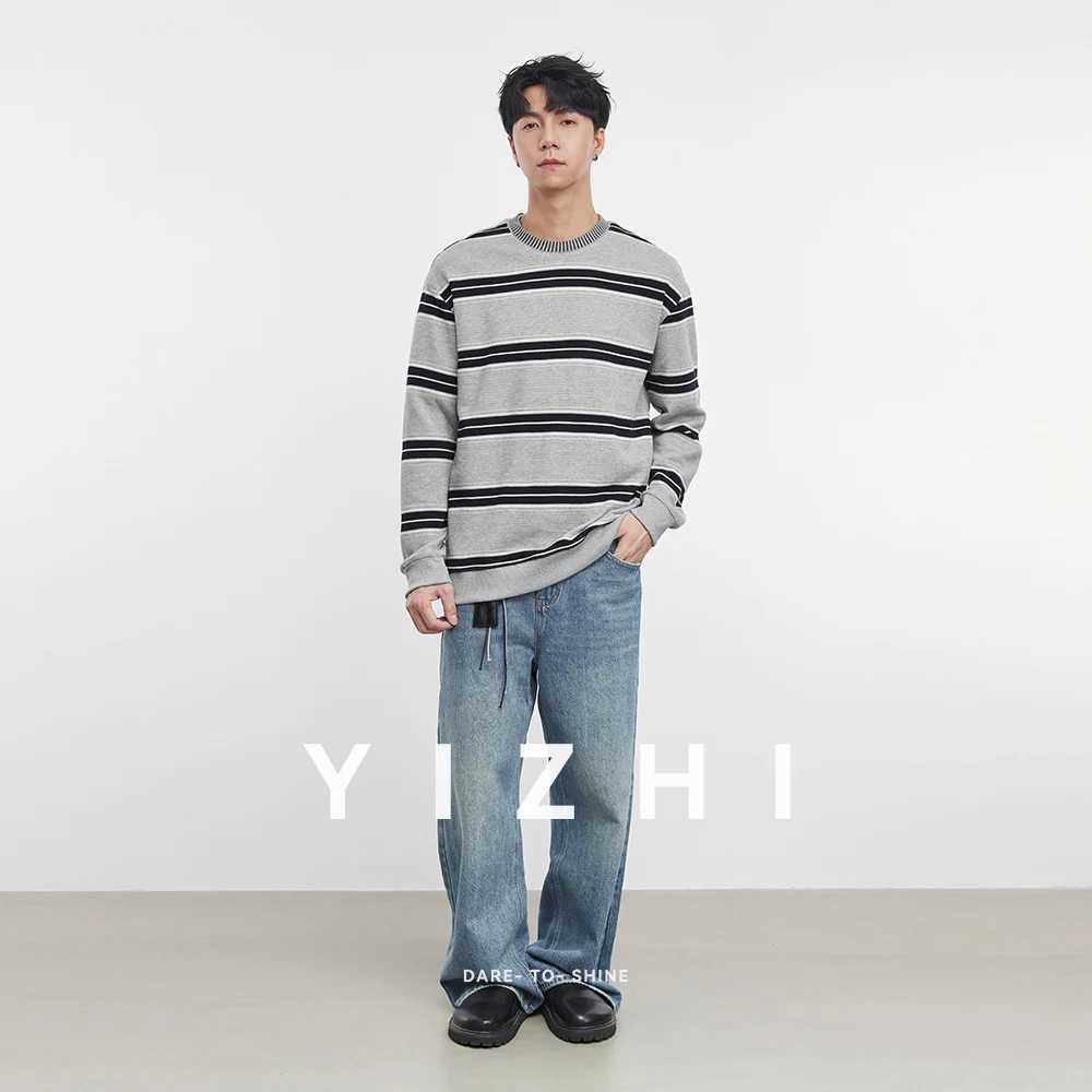 Fashion Mens Heavy Round Neck Striped Long Sleeve Sweatshirt 2025 Autumn and Winter Casual Loose Long Sleeve Top Mens Pullover J251021