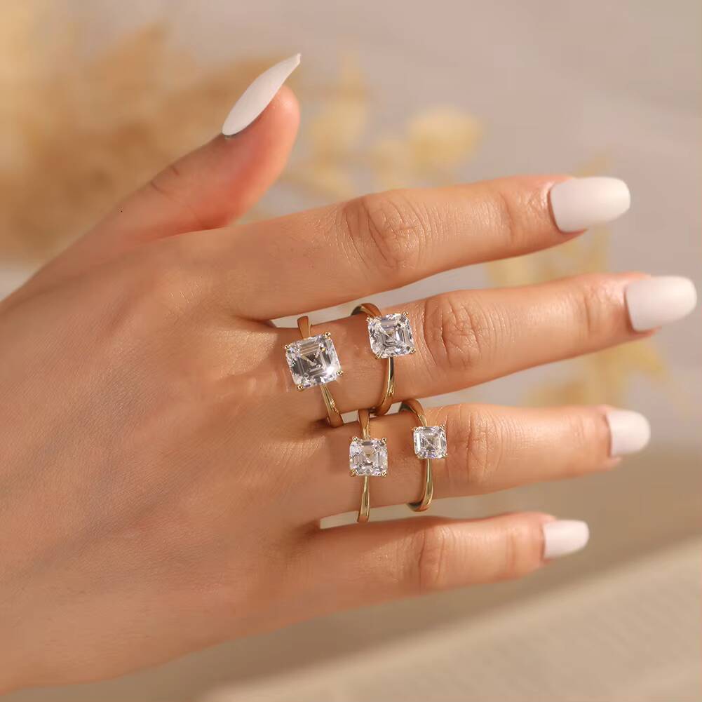 RINNTIN SMOR04 Fine Jewelry 925 Sterling Silver Moissnaite Square Cut Engagement Wedding Adjustable Ring with Certificate