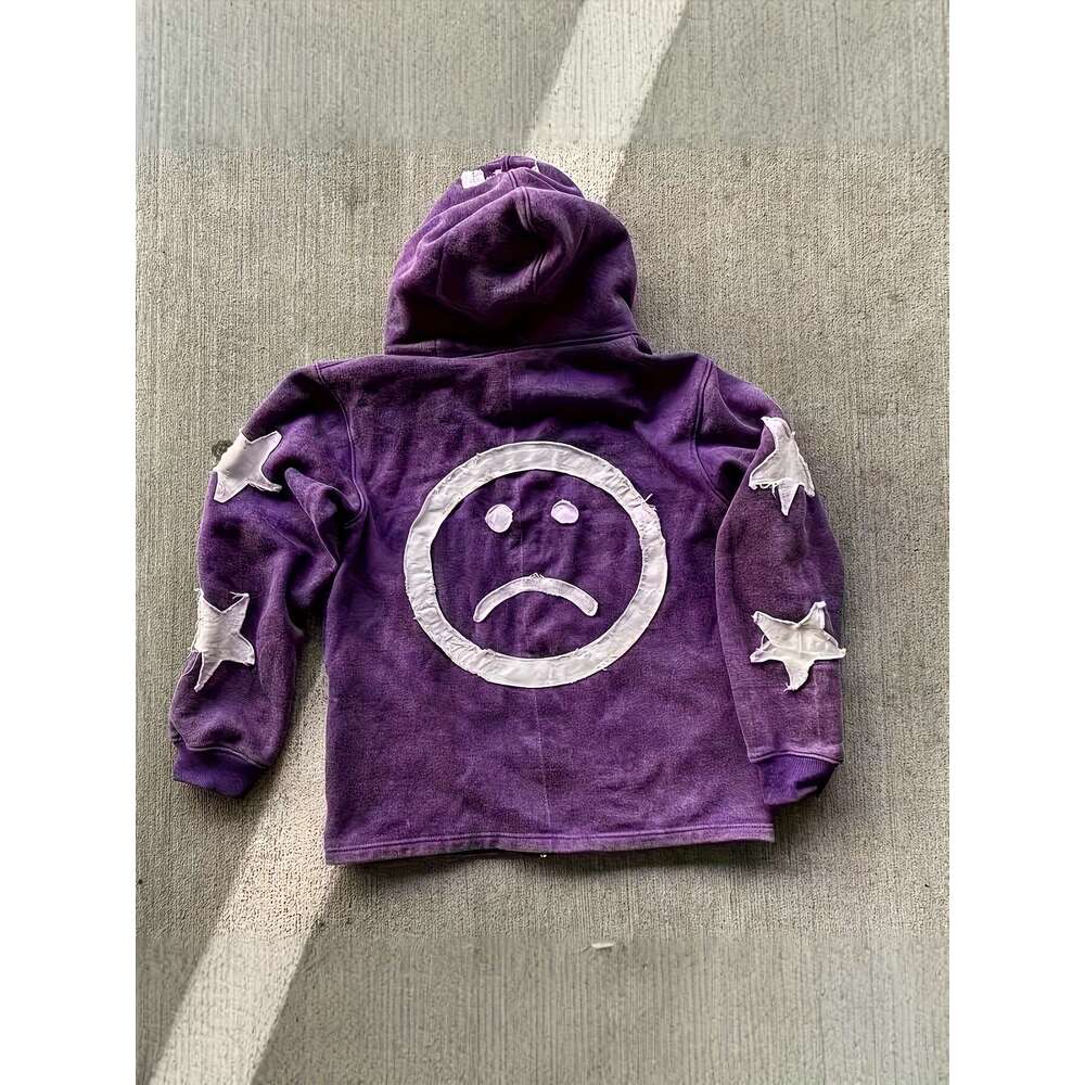 Y2k Retro Hip Hop Zip Hoodie Distressed Joyful Face Graphic, Full-Zip Closure, Loose Streetwear Jacket, A-Line Silhouette & Split Hem Vibrant Orange B