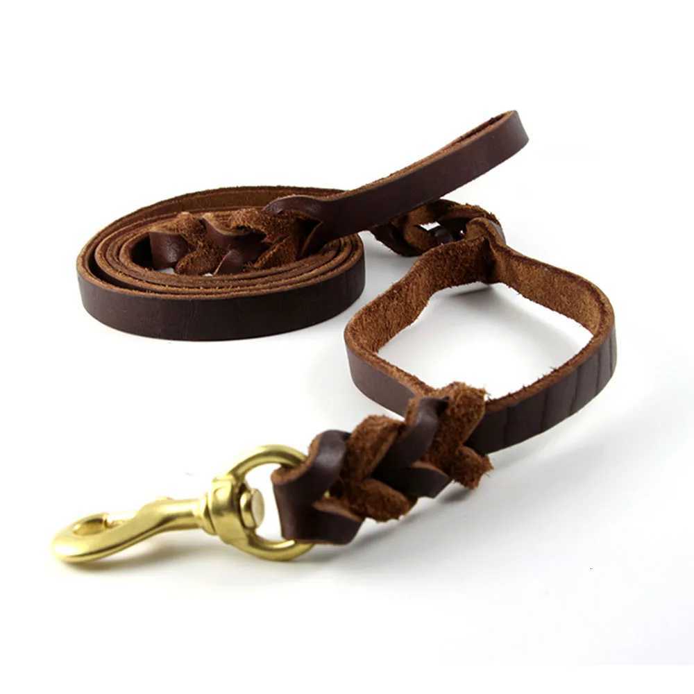 Braided Leather Dog Leash with Traffic Handle Two Handles Leather Dog Leash Leads for Training Bulldog Pitbull Pet Dog Supplies C251031