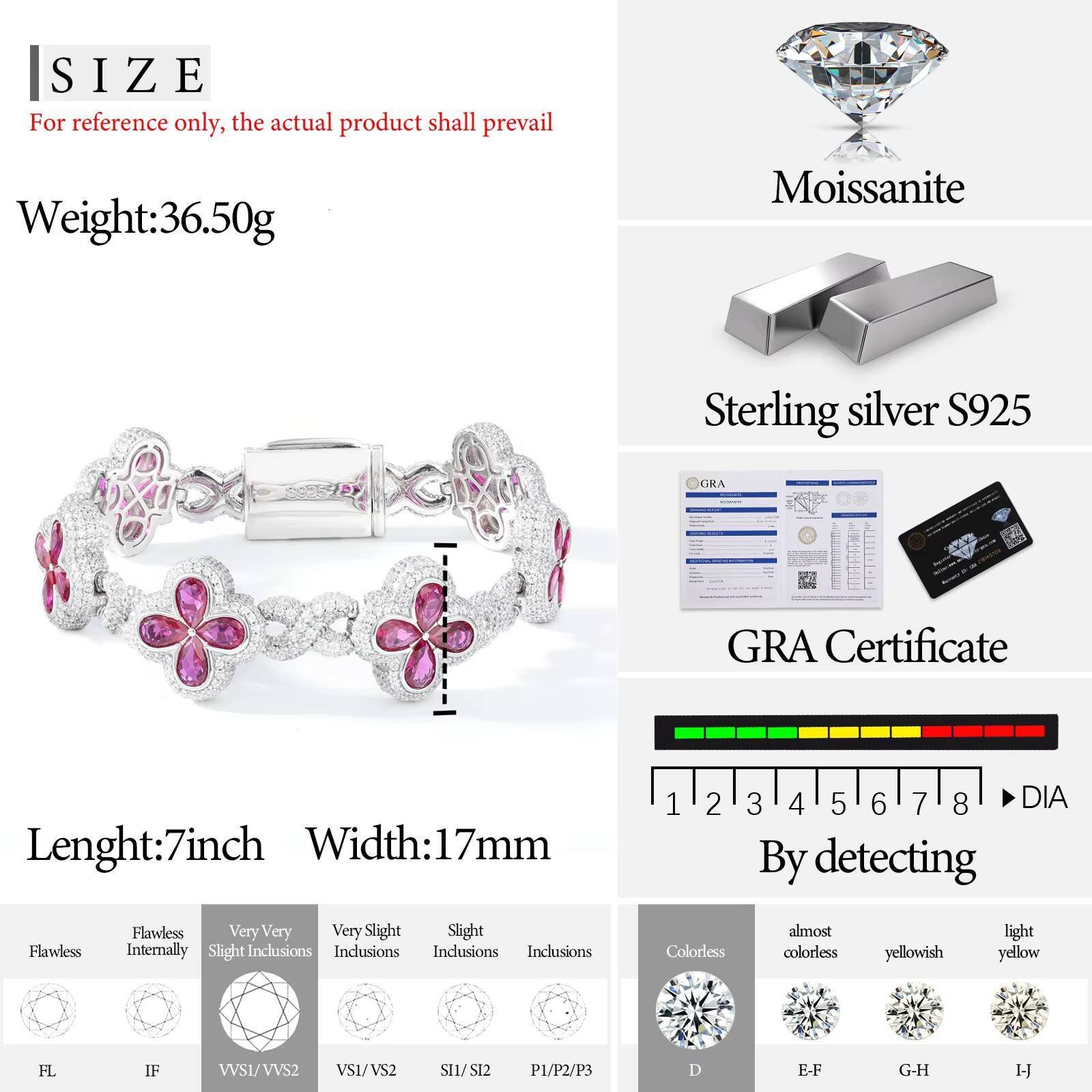 Fashion Mens Jewelry 17mm 925 Sterling Silver VVS Moissanite Diamond Colorful Iced Out Four Leaf Clover Infinity Link Bracelet