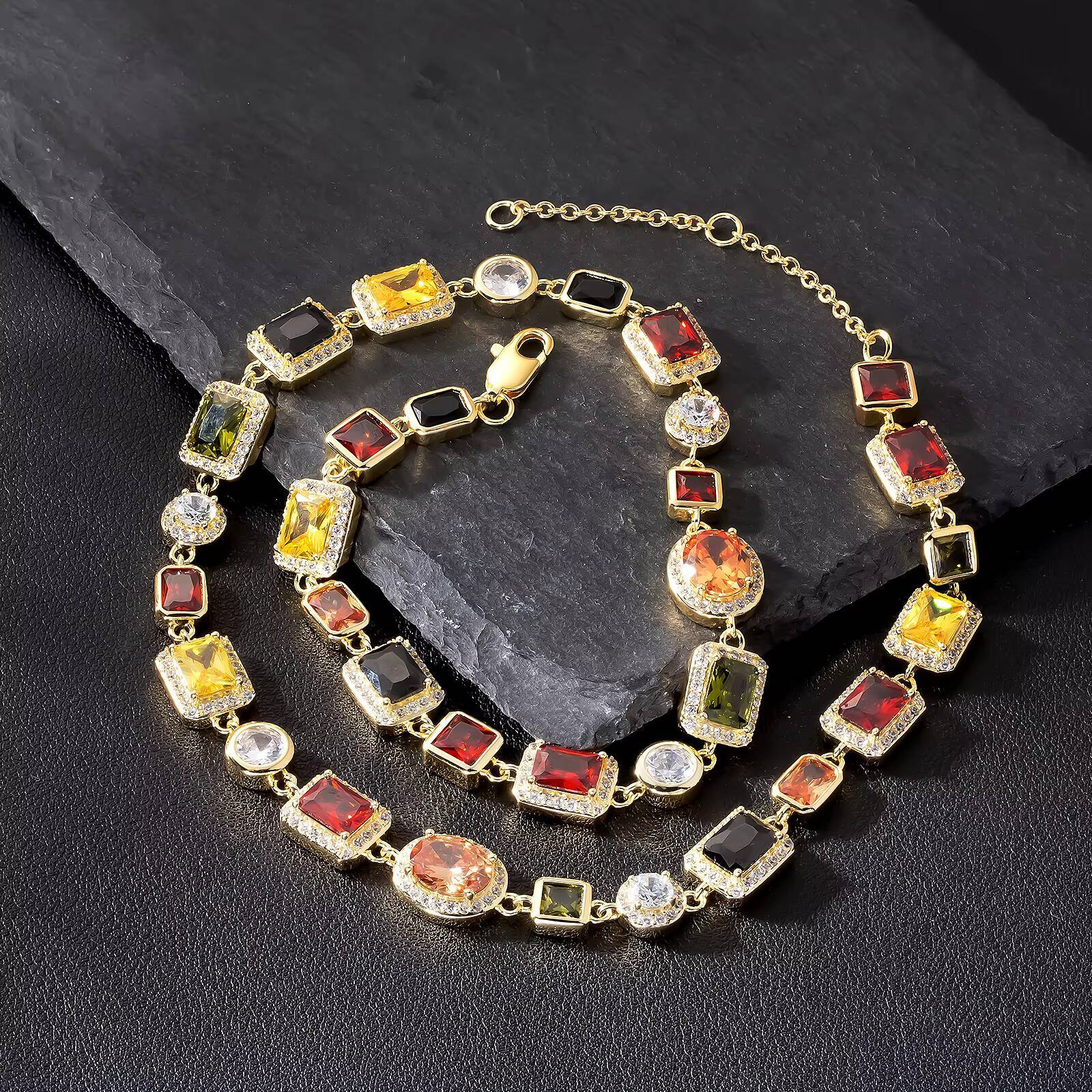 Multi Color Gemstone Beaded Necklace Rainbow Motley Choker Women Jewelry Zirconia Tennis 18K Gold Colorful Gem Stone Men Chain