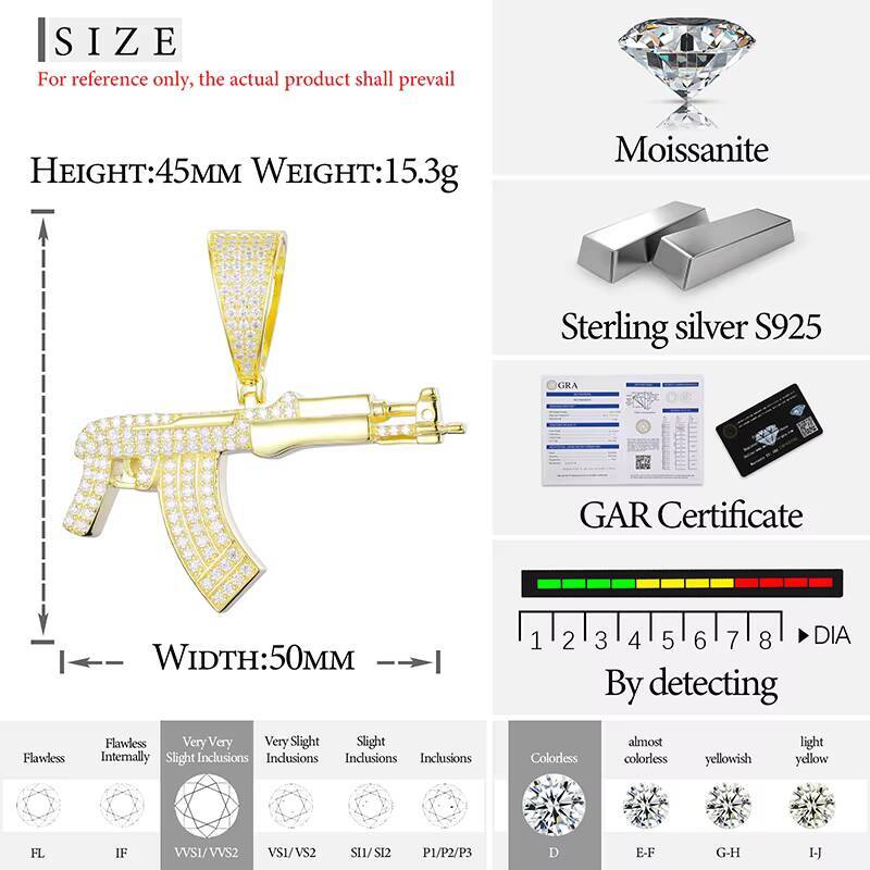 Rappers Punk Style 18K Gold Plated 925 Sterling Silver VVS Moissanite Diamond Iced Out AK47 Gun Pendant for Men