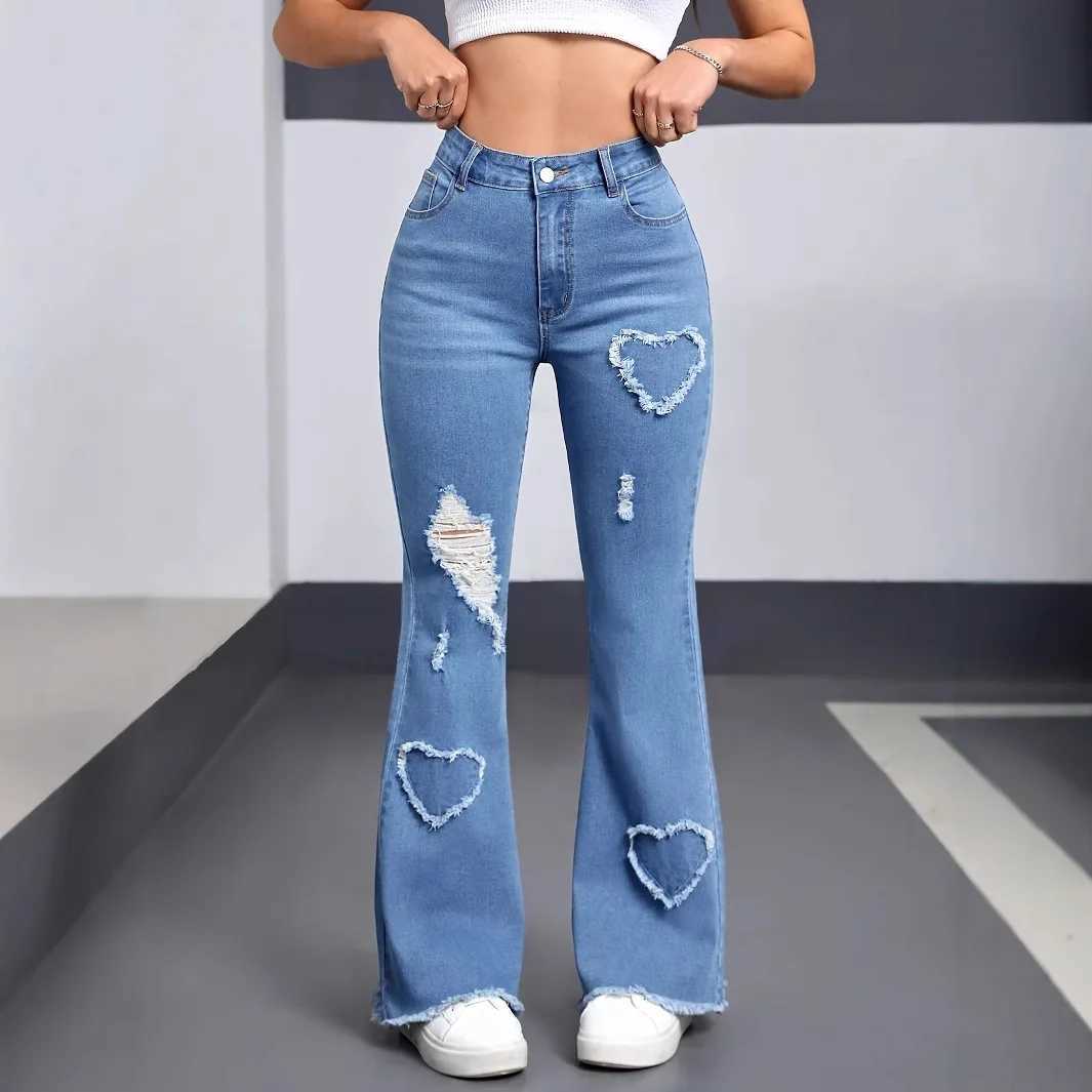 Denim Flared Pants Women Hole Jeans Boot Cut Distressed 2025 Streetwear High Waist Stretch Washed Vintage Full Length Trousers J251031
