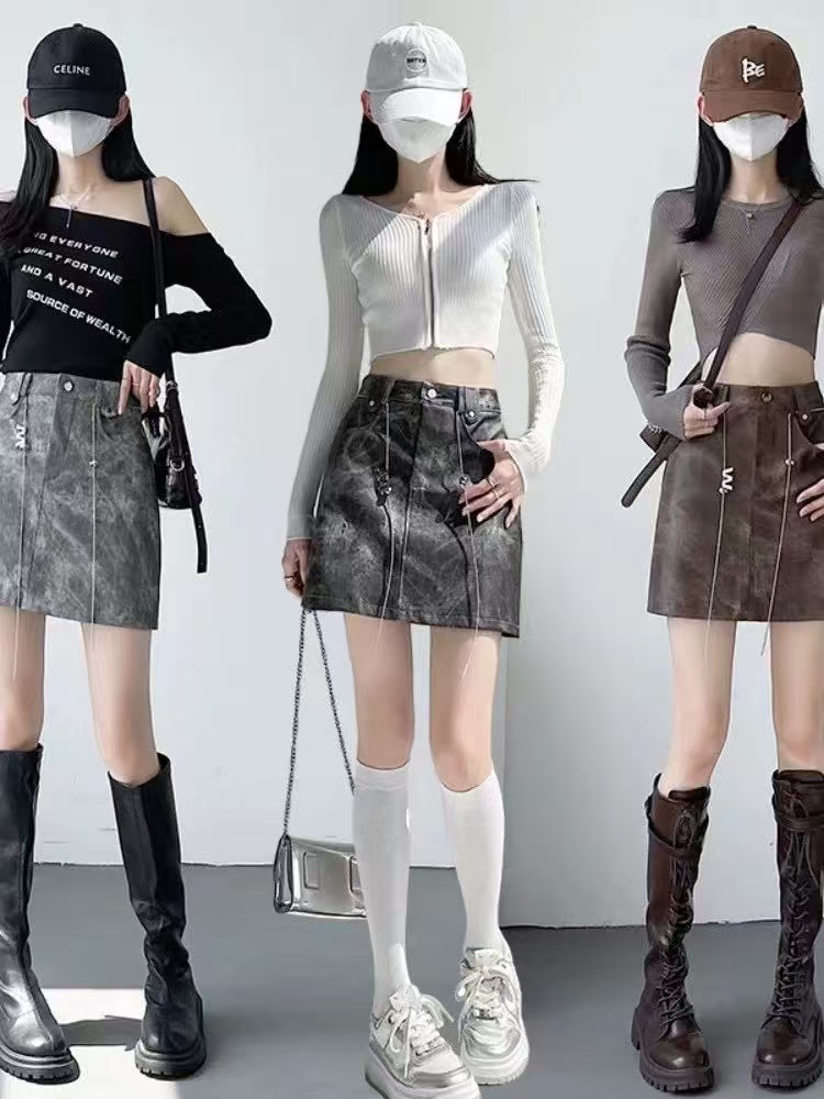 Women's Drawstring Leather Mini Skirt with Zipper Front, High-Waisted Short Skirt, Slimming & Heightening, Edgy Street Style Skirt for Women-NO05