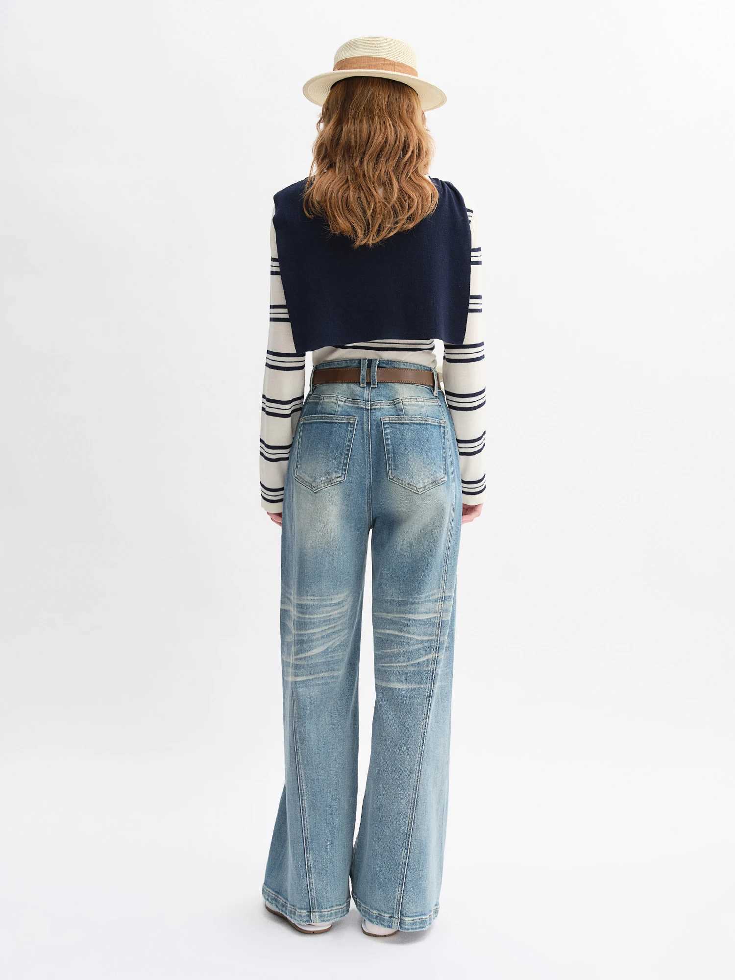 DUSHU Plus Size Design Sense Retro Washed Blue Straight Jeans High Waist Drape Slim Wide Leg Pants 2025 New Arrival 25DS83034 J251031