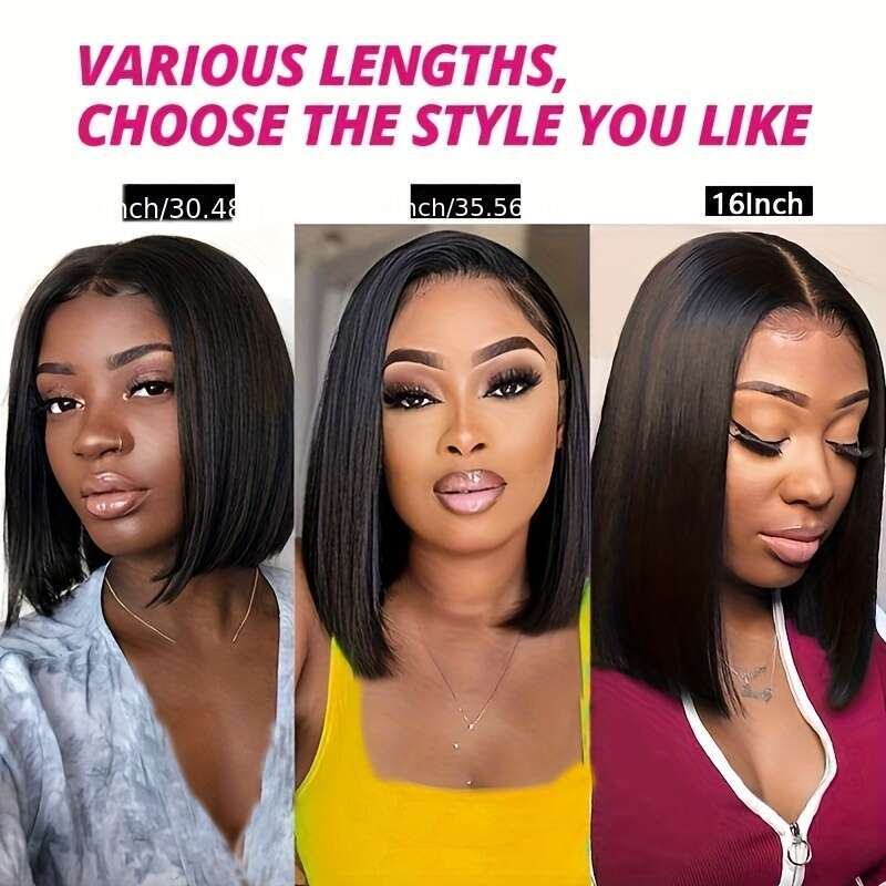 13X4x1 12/14/16 Inch Matte Black Bob With Bangs - Heat Resistant Synthetic Hair, 130% Density Straight Wig Women & Men, Natural Look For All Ethniciti