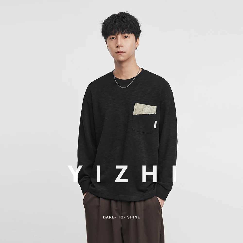 Fashion Mens Pocket Contrast Color Round Neck Sweatshirt 2025 Autumn New Loose Versatile Long Sleeve Top Pullover J251021