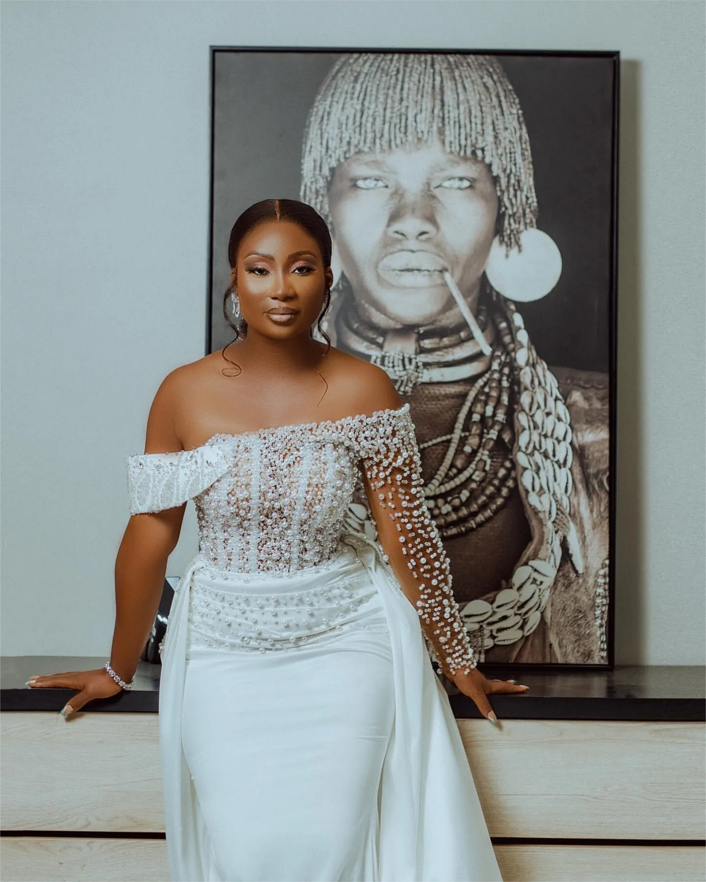 White Mermaid Wedding Dresses Plus Size Pearls Full Sleeves Satin Elegant Bridal Gowns Dresses Vestidos De Novia