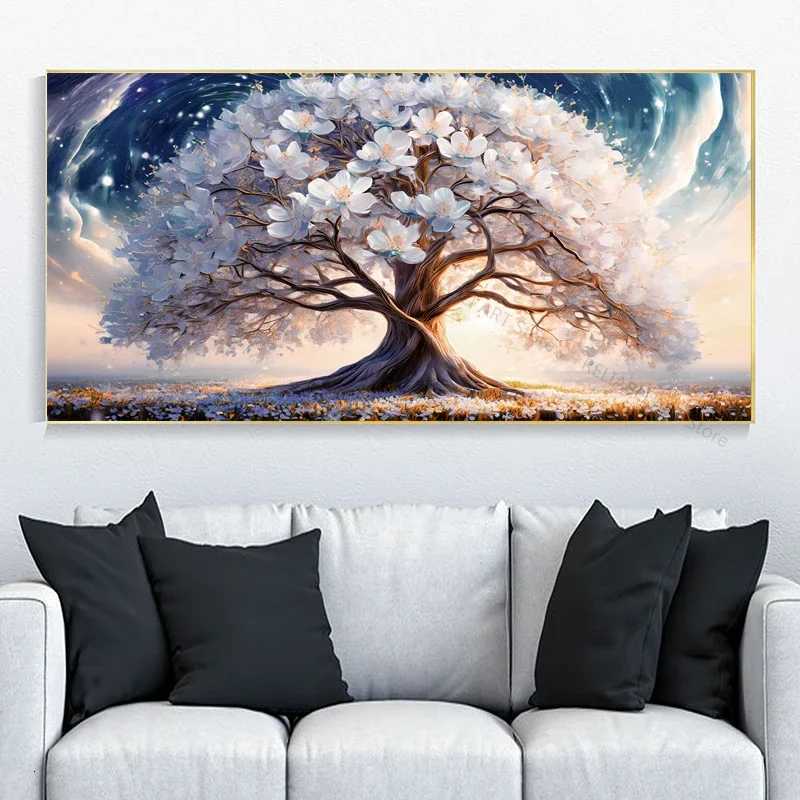 Blooming Tree With Whit Flowers Artistic Canvas PaintingAbstract Wall Art Poster Home Decor Print PictureRoom DecorUnframed C251031