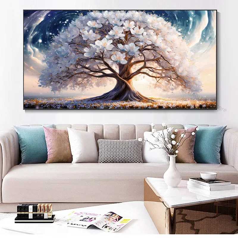 Blooming Tree With Whit Flowers Artistic Canvas PaintingAbstract Wall Art Poster Home Decor Print PictureRoom DecorUnframed C251031
