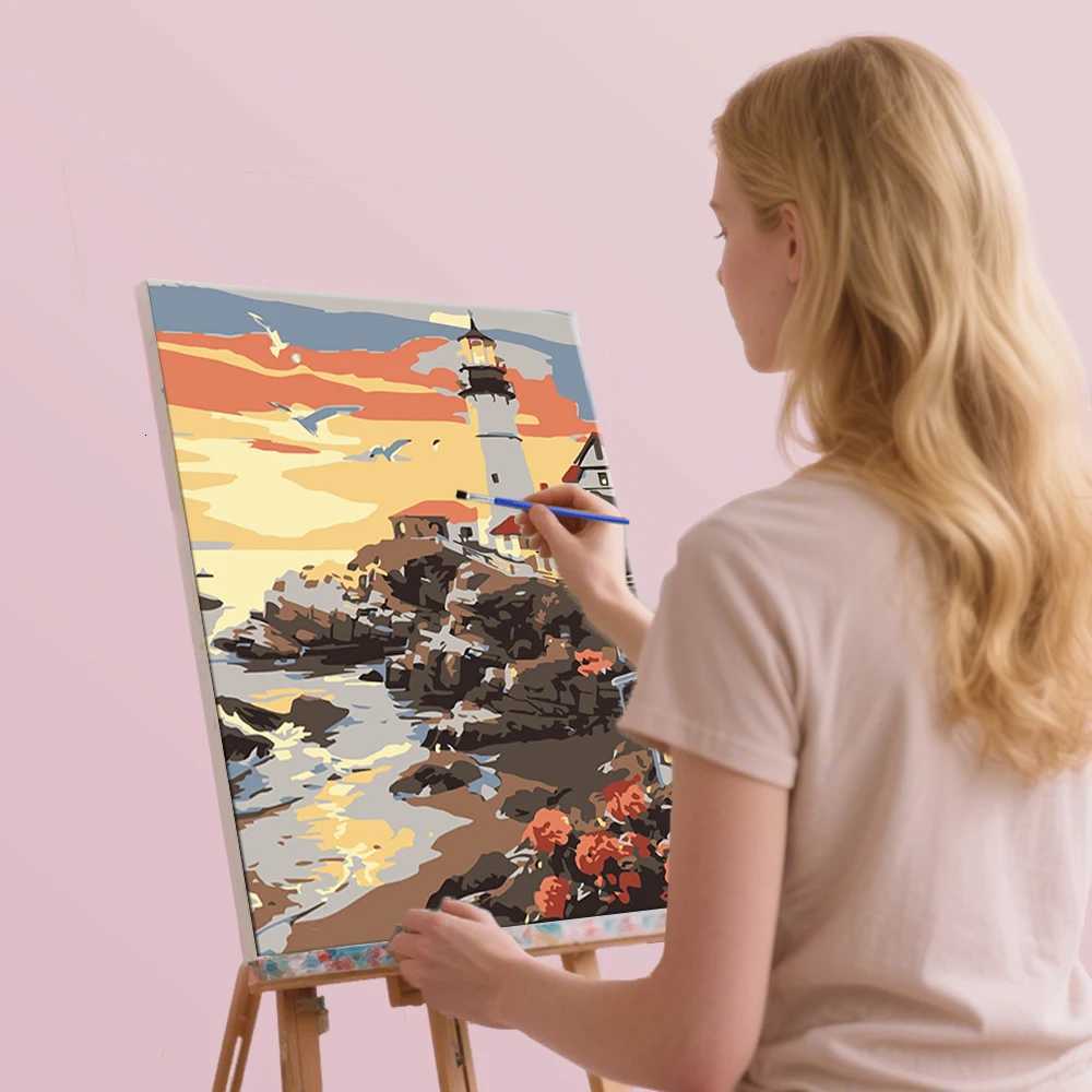 Painting By Number Kits Sunset Lighthouse Scene Seascape Coastal DIY Digital Oil Painting Landscape Coloring Artcraft Handpaint C251031