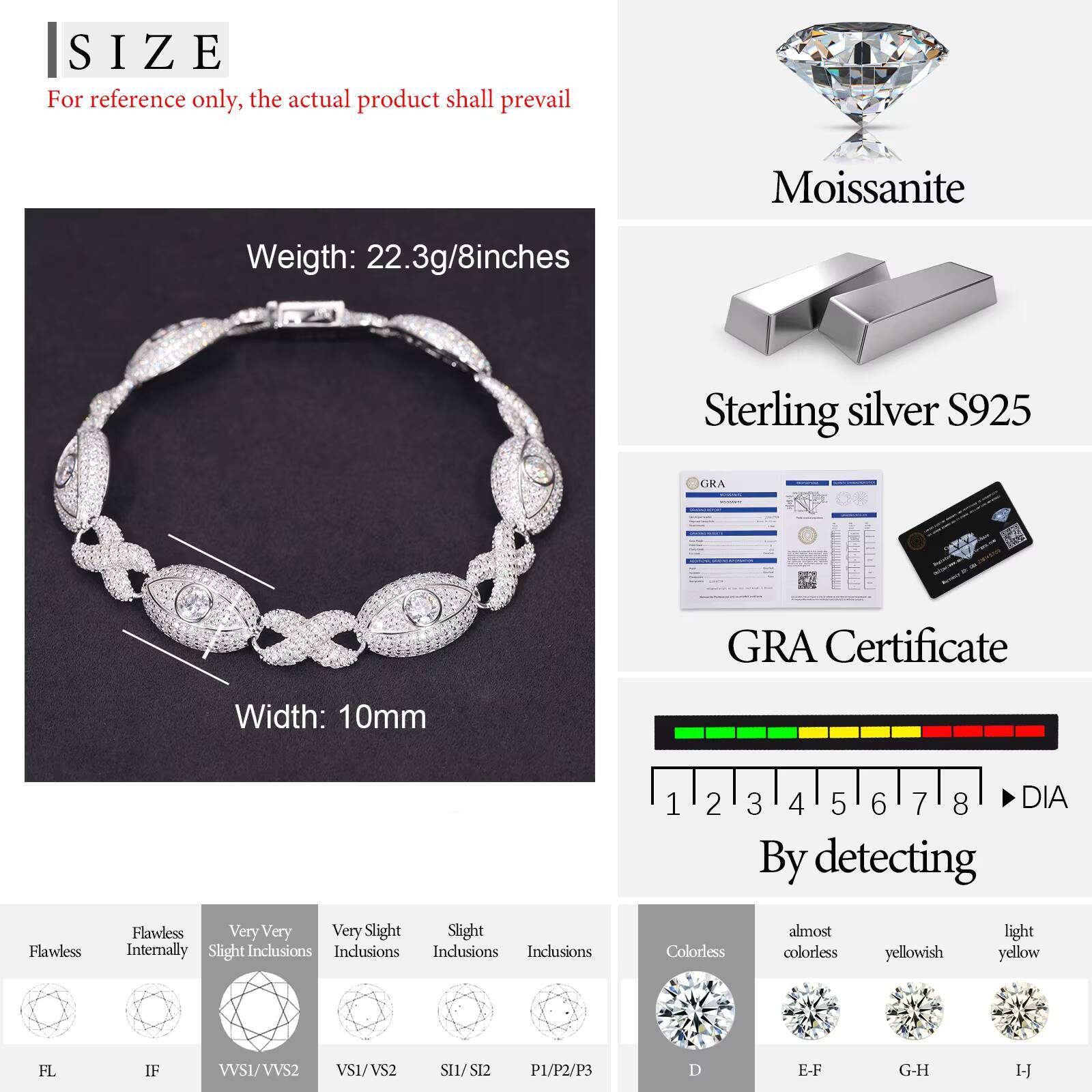 Pass Diamond Tester 11mm Moissanite Evil Eye Infinity Cuban Link Bracelet 925 Silver VVS Mossanite Iced Out Cross Cuban Bracelet