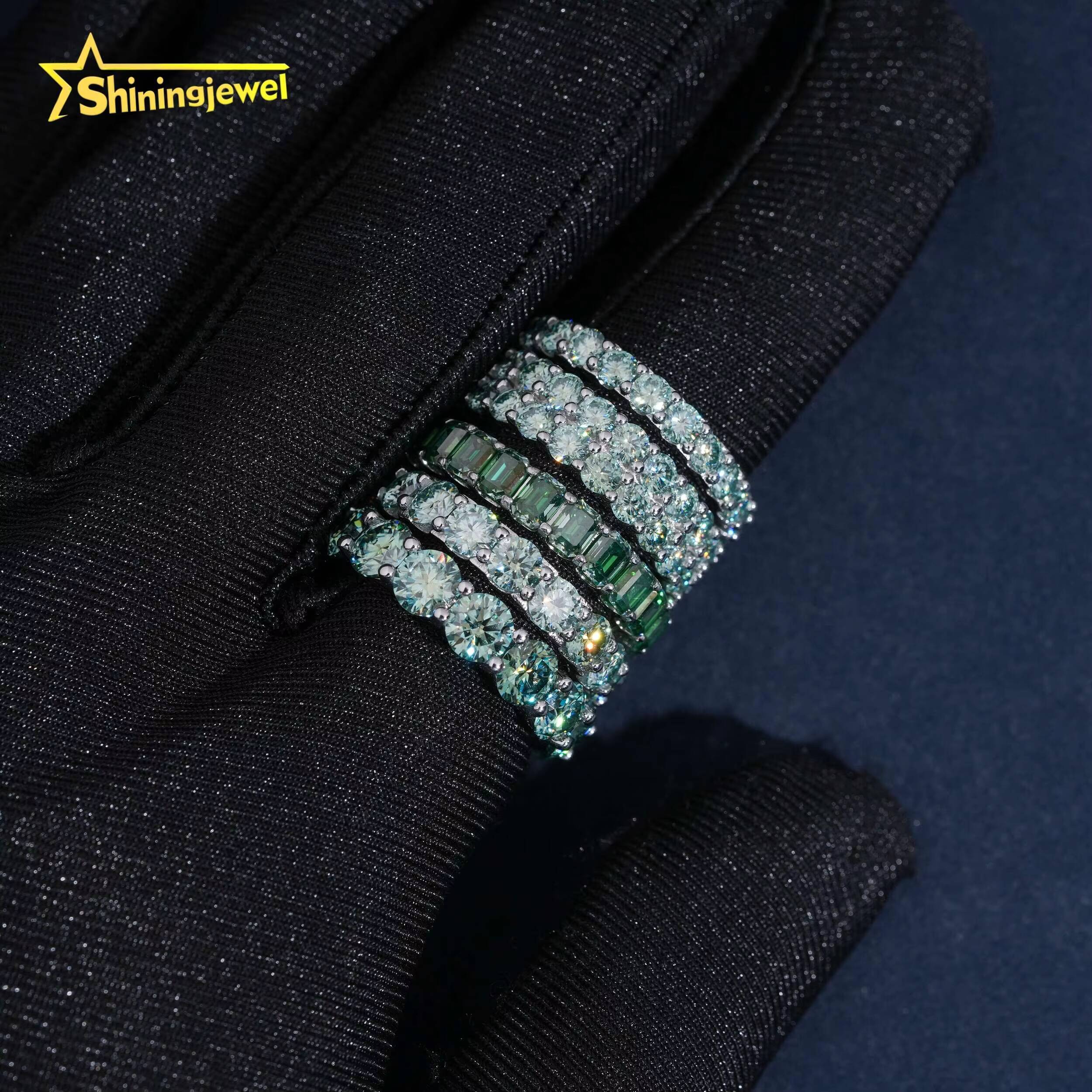 Multiple Options Blue Green Moissanite Eternity Ring Band Ring Emerald Cut Ring Moissanite 925 Unisex Hip Hop Fine Jewelry