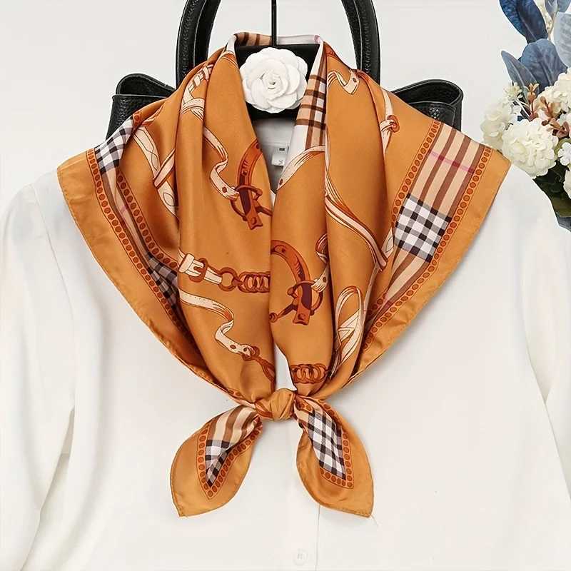 1pcs 70cm Plaid Chain Printed Square Scarf for Women Imitation Silk British Style Headwear Bag Decoration Clothing Square ScarfW251030