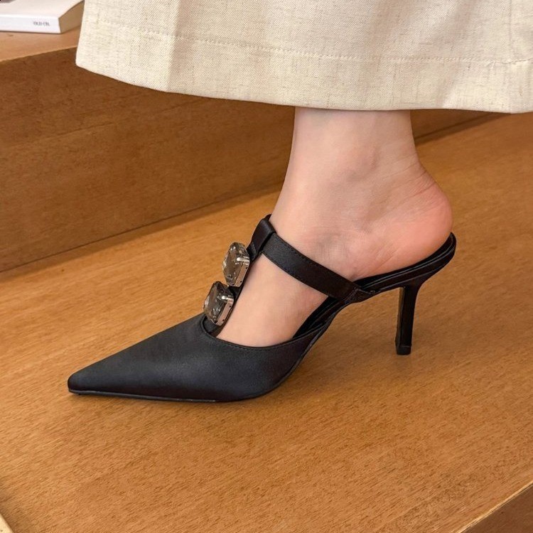 Elegant Leather Mules Pointed Toe Stylish Rhinestone Embellished High Heel Sandals Sophisticated Party Evening Shoes Footwear250910