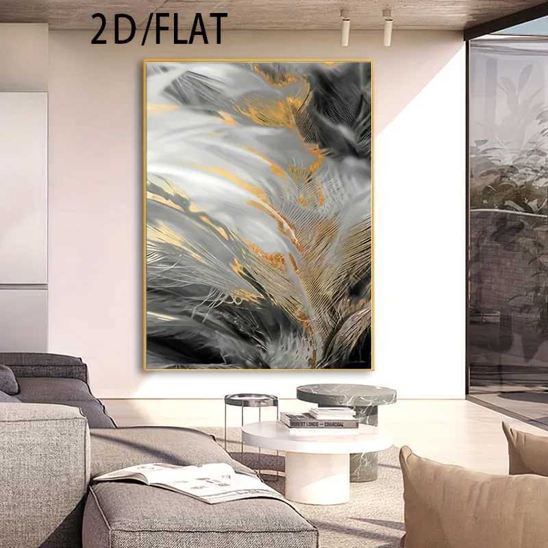 2D Flat Modern Abstract Wall Art Black Golden Feather Design Frameless Canvas Print for Living Room Bedroom Office Decor C251031