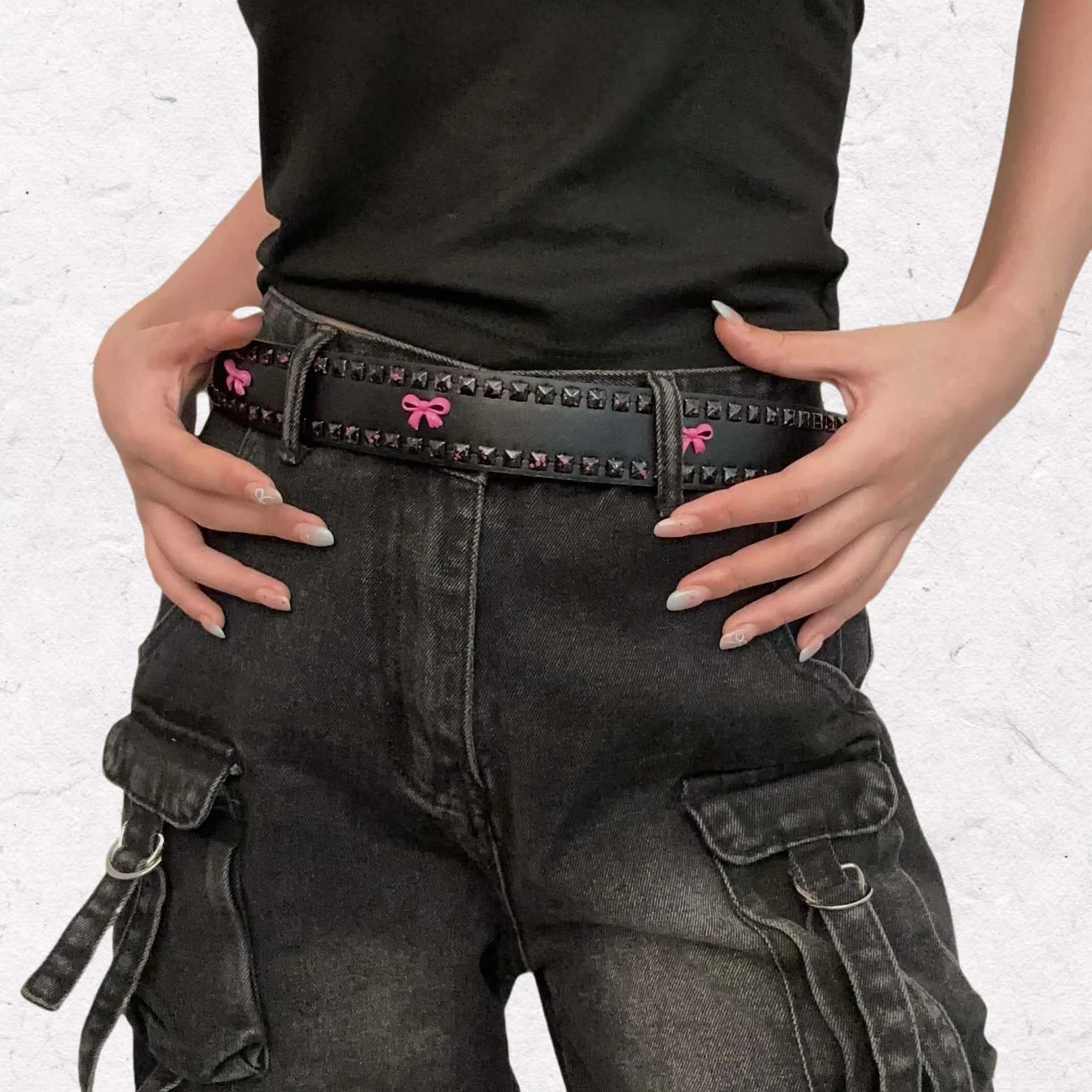 Pink Bow Design Womens Belt Hip Hop Punk Y2k Girls Girdle Fashion Personality Metal Stud Jeans Accessories Black WaistbandW251030