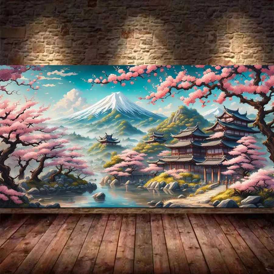 Fullcang Fuji Mountain Cherry Blossom Tree Temple Large Size Diy Diamond Painting Kits Landscape Full Mosaic Embroidery Picture C251031