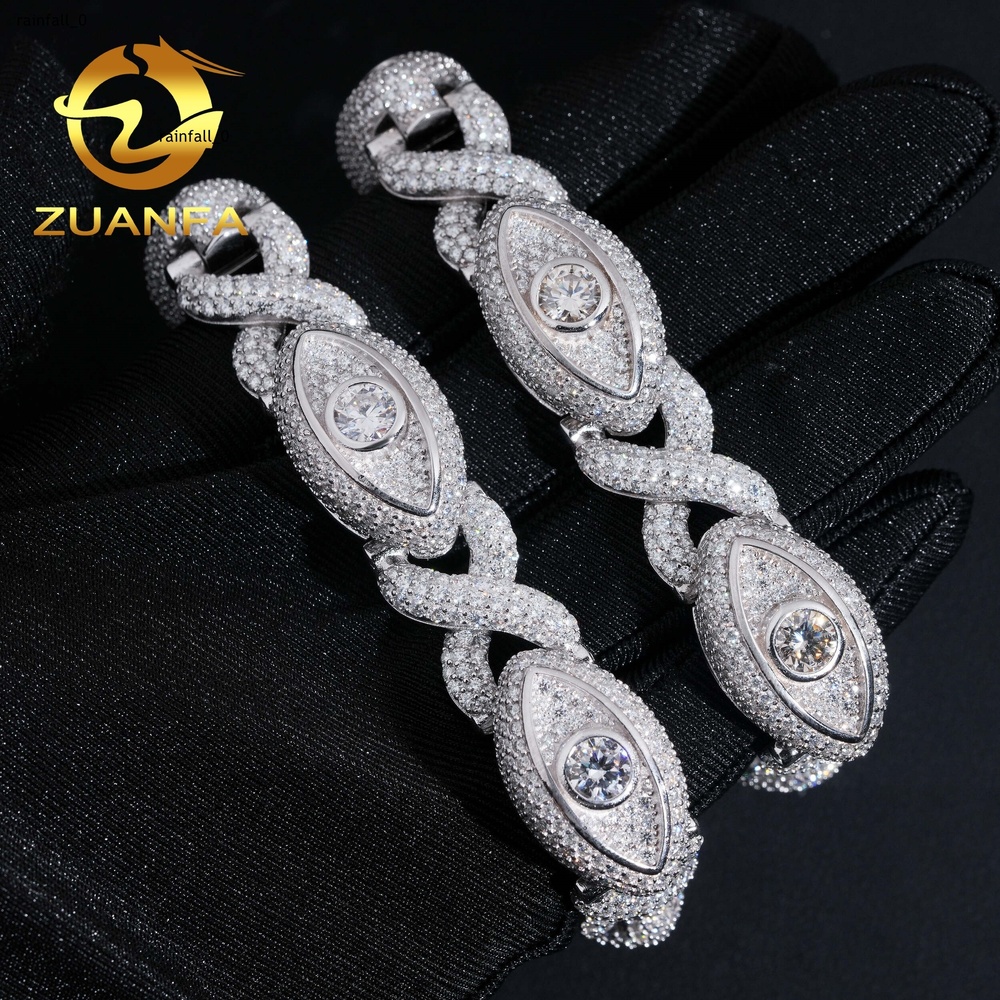 15mm Iced Out Moissanite Diamond Bracelet Eyes Design 925 Silver Hip Hop Jewelry Unisex Moissanite Cuban Link Bracelet