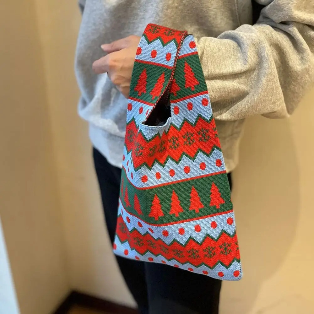 Polyester Women Christmas Knit Bag Christmas Tree Reusable Knot Wrist Bag Snowman Handmade Knit Tote Bags Shopping Bags 251104