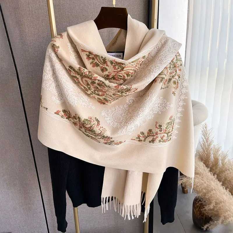 Winter Warm Cashmere Scarf for Women Floral Embroidery Blanket Thick Shawl Wrap Neckerchief Elegant Lady Poncho Bufanda C251031