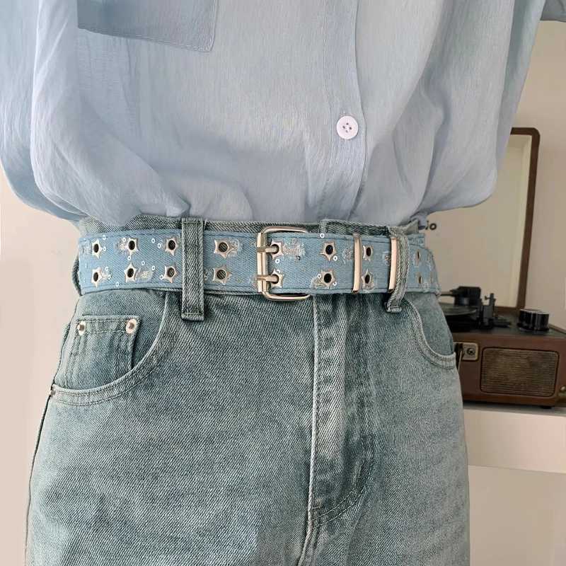 Edgy Punk Denim Double Buckles Star Belts Y2K Rock Style Hollow Out Stars Waistband for Women Men Jeans Fashion Deco AccessoriesW251030