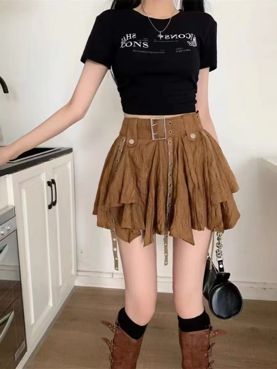 Women's Post-Apocalyptic Irregular Mini Skirt with Belt, High-Waisted Short Skirt, Slimming & Heightening, Edgy Street Style Skirt for Women-NO11