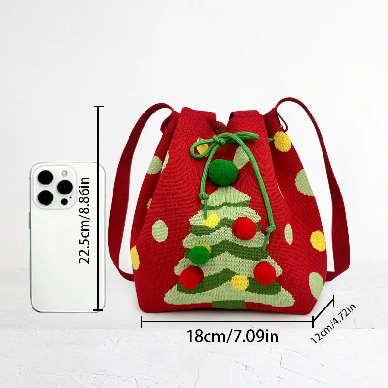 Womens knitted drawstring bagwith greenChristmas tree pattern cute style is suitable for use during festivals like Christmas 251104