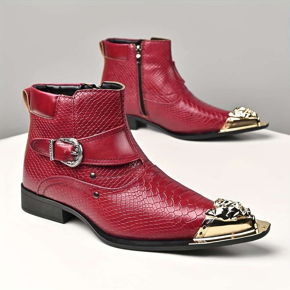 QRLQRL Men's Retro British Style Slip-On Ankle Boots With Metal Red Snakeskin-Like Chunky Heel Pointed Toe Short Boots, Rubber Sole For Parties,  - view 5