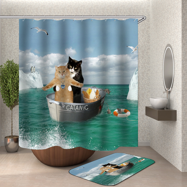YL-37596 3D Digital Shower Curtain for Kitty Bathing, Bathroom Dry and Wet Separation, Polyester with Hooks, Isolation Curtain