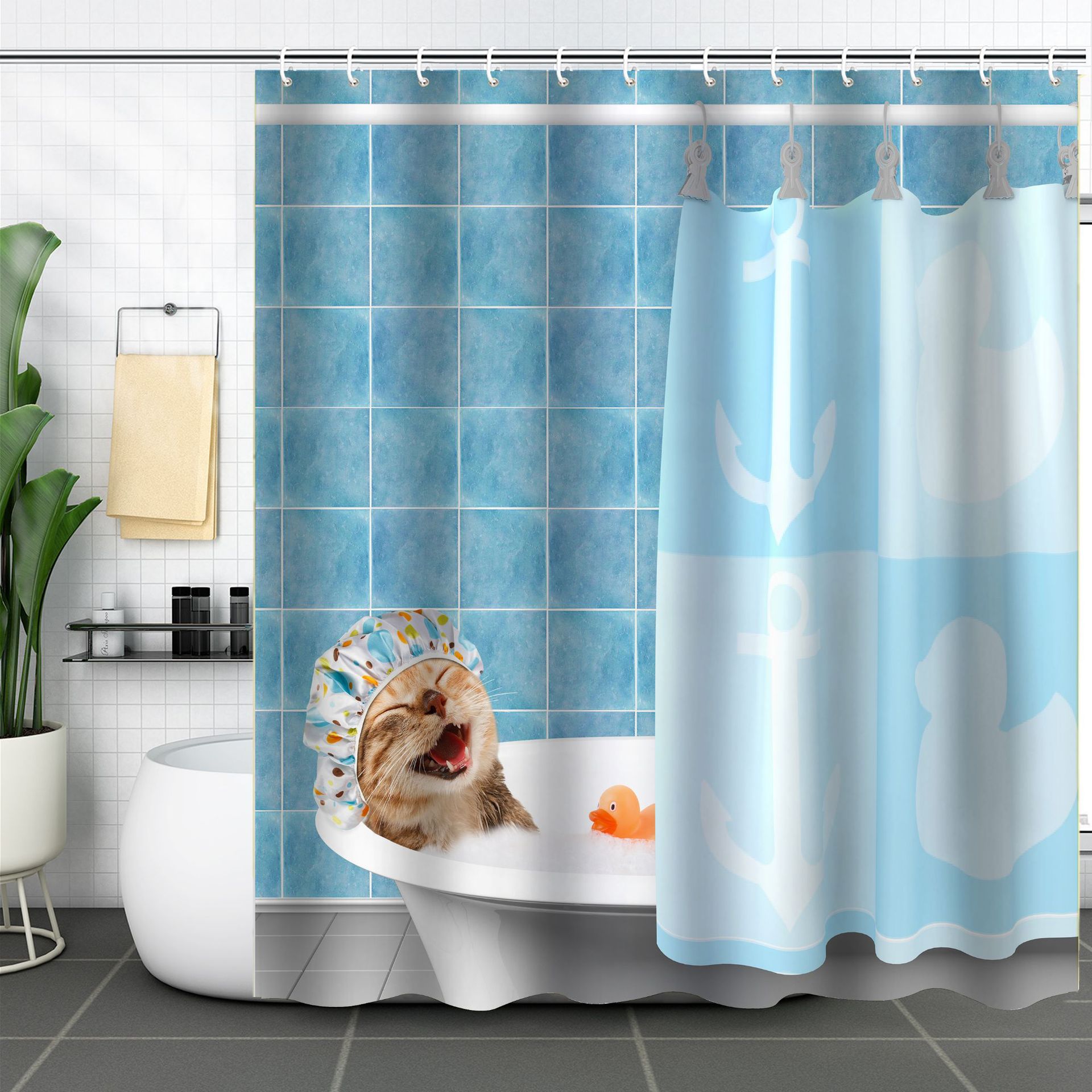 YL-37599 3D Digital Shower Curtain for Kitty Bathing, Bathroom Dry and Wet Separation, Polyester with Hooks, Isolation Curtain