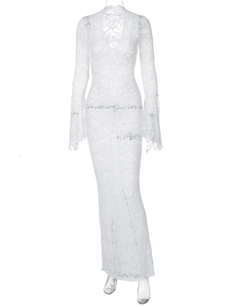 Hugcitar Mesh Floral Print V Neck Long Flare Sleeve Sexy See Through Maxi Dress Spring Women Fashion Clothes Beach Vacation Club 251028