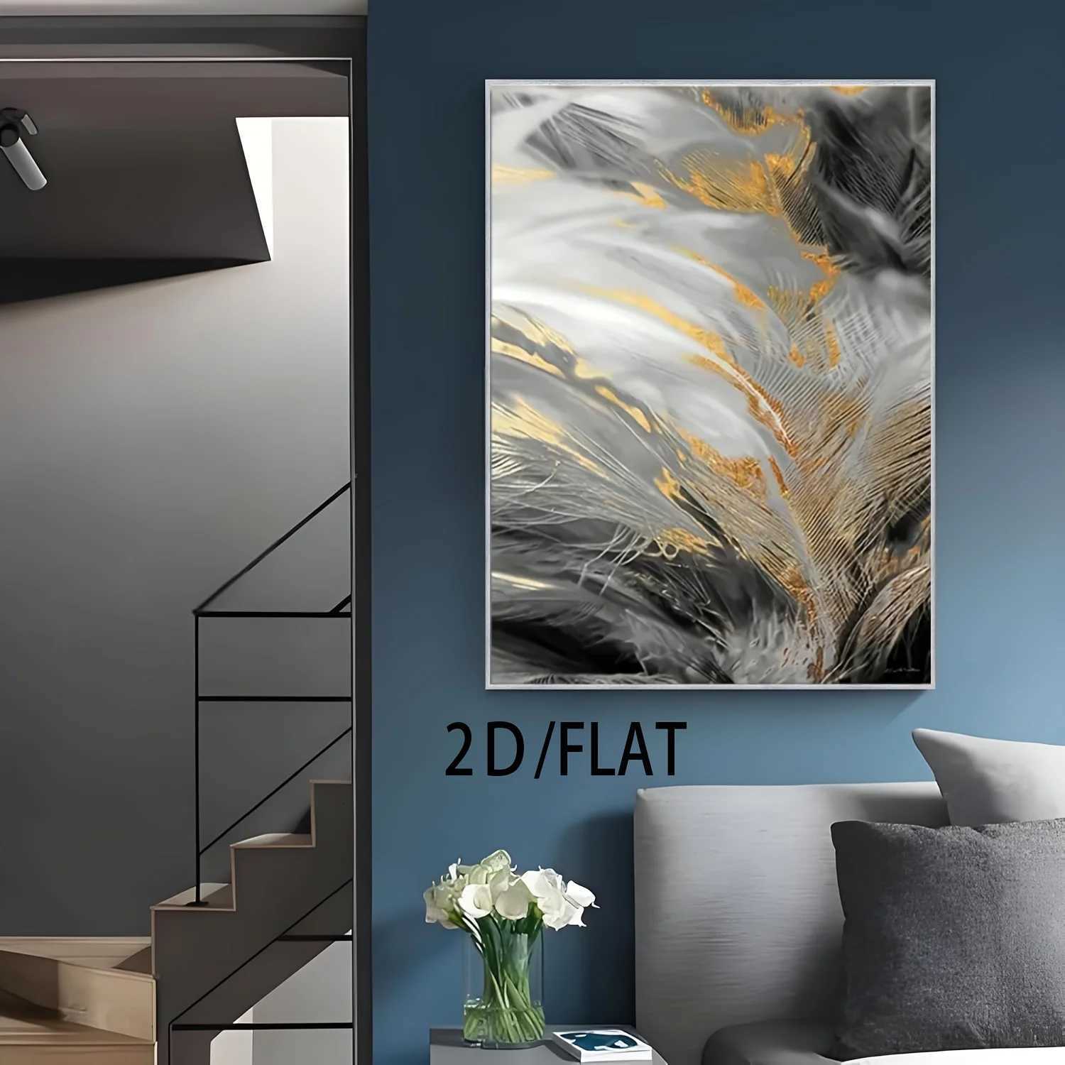2D Flat Modern Abstract Wall Art Black Golden Feather Design Frameless Canvas Print for Living Room Bedroom Office Decor C251031