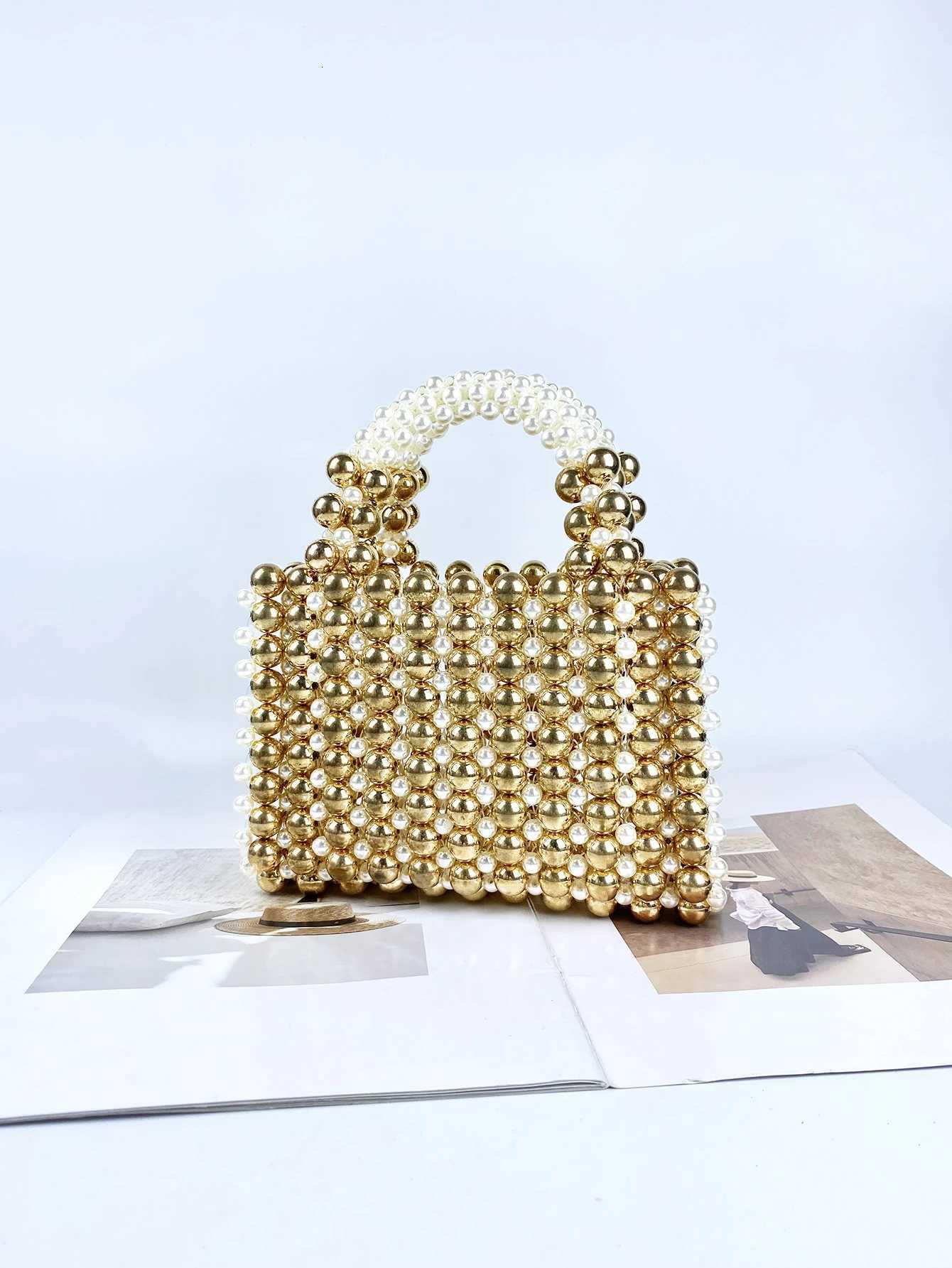 Advanced mobile phone bag with gold round beads acrylic handheld beaded handmade womens bag fashionable casual dinner bag W251031