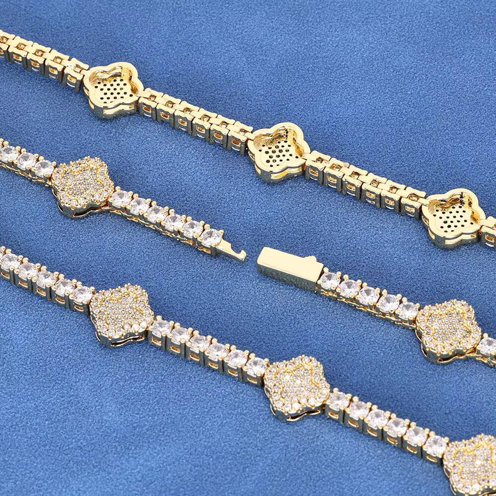 Pink Clover Tennis Chain Bracelet 18K Gold Plated Natural Stone 4 Leaf Lucky Jewelry with Bling Stones Femeinas Jewelry