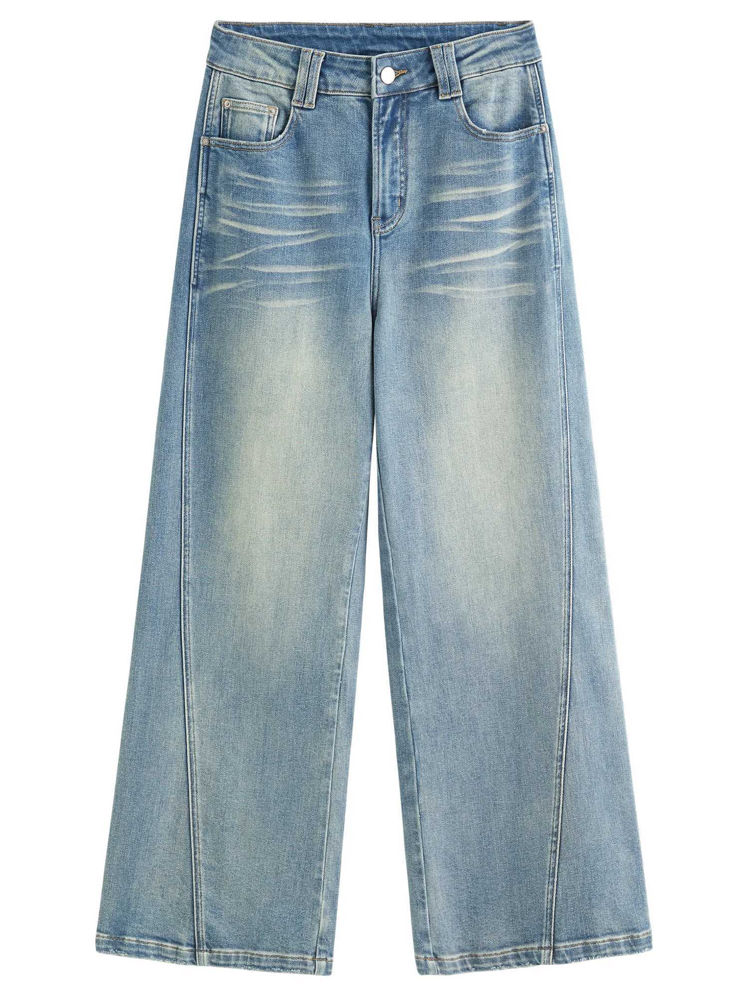 DUSHU Plus Size Design Sense Retro Washed Blue Straight Jeans High Waist Drape Slim Wide Leg Pants 2025 New Arrival 25DS83034 J251031
