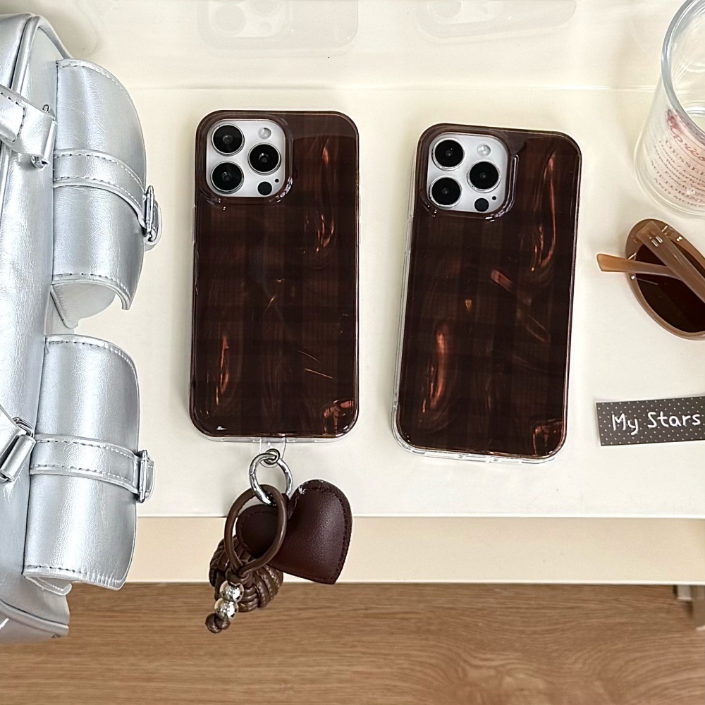 Brown Plaid Heart Pendant Phone Case Compatible with iPhone 17/16 Pro Personalized Protective Cover iPhone 15/14