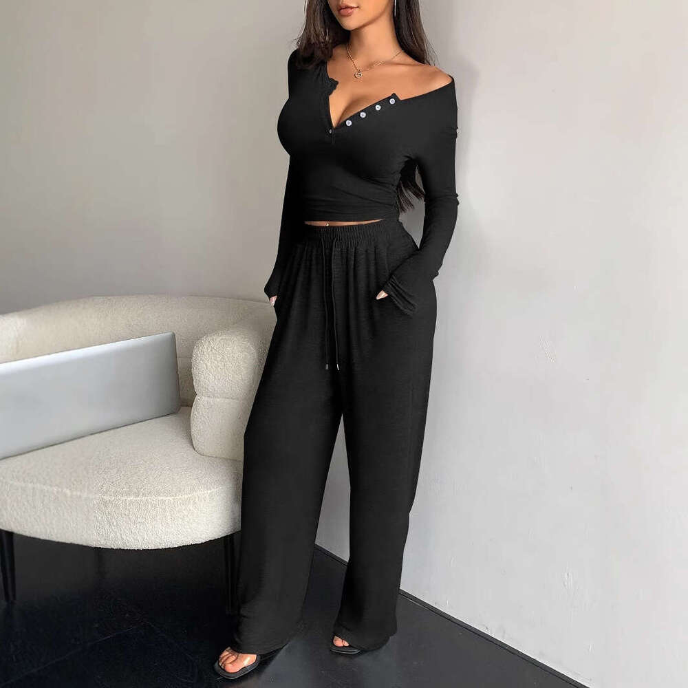 2025 European American Cross-Border Trade Autumn Sleeve Button-Up Solid Color Tight Top And Long Pants Two-Piece Set For Women 729C 79bb - view 4